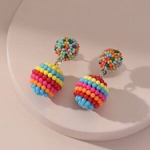NEW Colorful Beaded Ball Drop Earrings Multicolor Rainbow Festival Boho Confetti